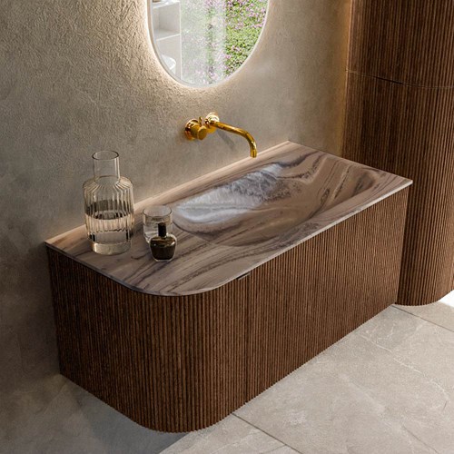 KURVE-DLUX 95cm mueble de baño curva Izquierda color Walnut con 1 cajón y 1 puerta. Lavabo BIG SMALL Derecho sin orificio Sombra.