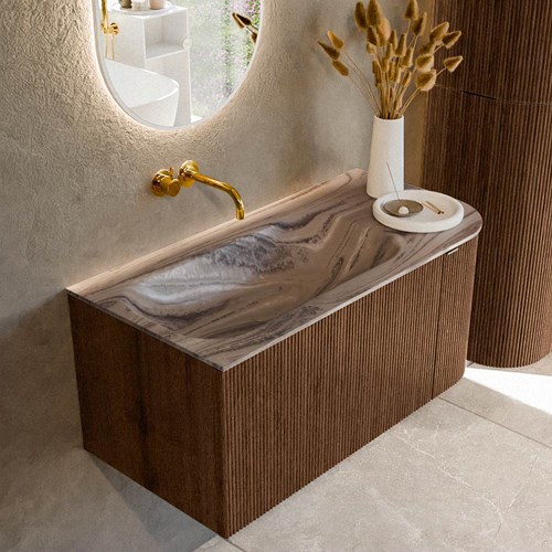 KURVE-DLUX 95cm mueble de baño curva Derecha color Walnut con 1 cajón y 1 puerta. Lavabo BIG SMALL Izquierda sin orificio Sombra.