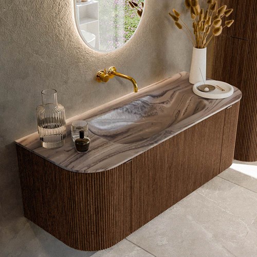 KURVE-DLUX 120cm mueble de baño curva Izquierda + Derecha color Walnut con 1 cajón y 2 puertas. Lavabo BIG SMALL Centro sin orificio Sombra.
