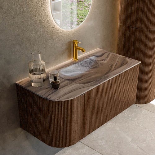 KURVE-DLUX 95cm mueble de baño curva Izquierda color Walnut con 1 cajón y 1 puerta. Lavabo BIG SMALL Derecho 1 orificio Sombra.