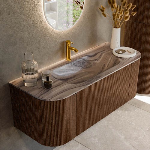 KURVE-DLUX 120cm mueble de baño curva Izquierda + Derecha color Walnut con 1 cajón y 2 puertas. Lavabo BIG SMALL Centro 1 orificio Sombra.