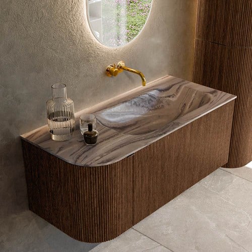 KURVE-DLUX 105cm mueble de baño curva Izquierda color Walnut con 1 cajón y 1 puerta. Lavabo BIG SMALL Derecho sin orificio Sombra.