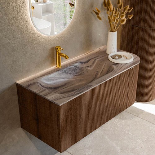 KURVE-DLUX 105cm mueble de baño curva Derecha color Walnut con 1 cajón y 1 puerta. Lavabo BIG SMALL Izquierda 1 orificio Sombra.
