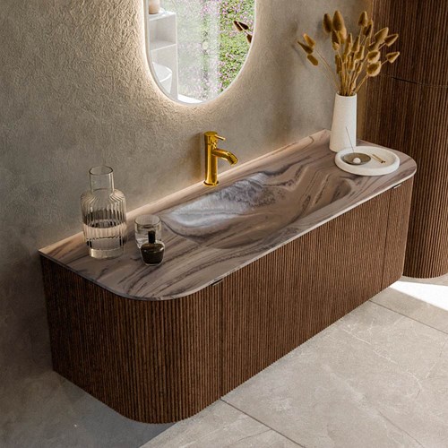 KURVE-DLUX 130cm mueble de baño curva Izquierda + Derecha color Walnut con 1 cajón y 2 puertas. Lavabo BIG SMALL Centro 1 orificio Sombra.