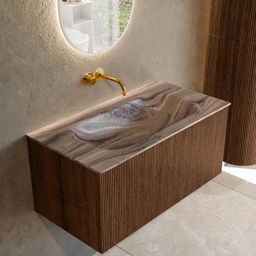 KURVE-DLUX 90cm mueble de baño color Walnut con 1 cajón y sin puerta. Lavabo BIG SMALL Centro sin orificio Sombra.