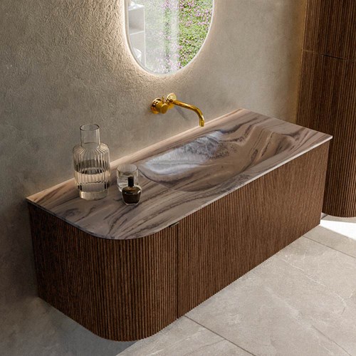 KURVE-DLUX 115cm mueble de baño curva Izquierda color Walnut con 1 cajón y 1 puerta. Lavabo BIG SMALL Derecho sin orificio Sombra.