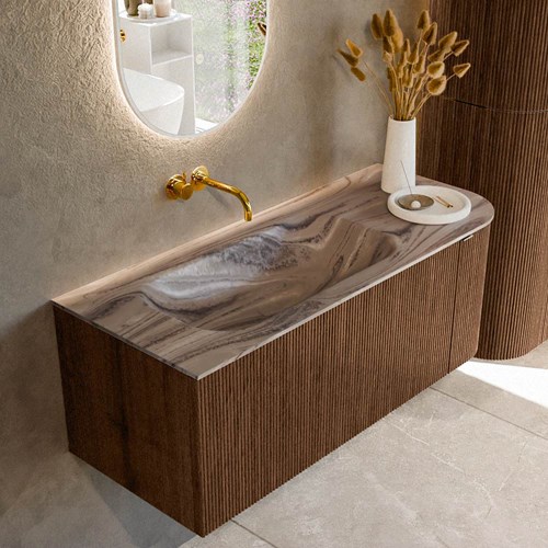 KURVE-DLUX 115cm mueble de baño curva Derecha color Walnut con 1 cajón y 1 puerta. Lavabo BIG SMALL Izquierda sin orificio Sombra.
