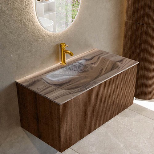KURVE-DLUX 90cm mueble de baño color Walnut con 1 cajón y sin puerta. Lavabo BIG SMALL Centro 1 orificio Sombra.