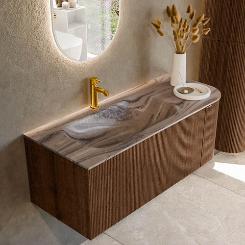 KURVE-DLUX 115cm mueble de baño curva Derecha color Walnut con 1 cajón y 1 puerta. Lavabo BIG SMALL Izquierda 1 orificio Sombra.