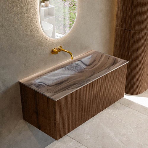 KURVE-DLUX 100cm mueble de baño color Walnut con 1 cajón y sin puerta. Lavabo BIG MEDIUM Centro sin orificio Sombra.