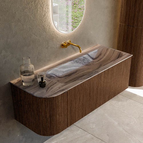 KURVE-DLUX 125cm mueble de baño curva Izquierda color Walnut con 1 cajón y 1 puerta. Lavabo BIG MEDIUM Derecho sin orificio Sombra.