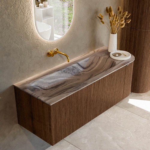 KURVE-DLUX 125cm mueble de baño curva Derecha color Walnut con 1 cajón y 1 puerta. Lavabo BIG MEDIUM Izquierda sin orificio Sombra.