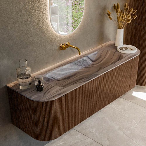 KURVE-DLUX 150cm mueble de baño curva Izquierda + Derecha color Walnut con 1 cajón y 2 puertas. Lavabo BIG MEDIUM Centro sin orificio Sombra.