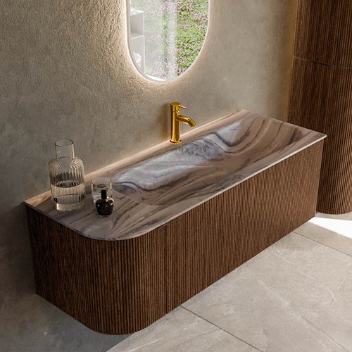 KURVE-DLUX 125cm mueble de baño curva Izquierda color Walnut con 1 cajón y 1 puerta. Lavabo BIG MEDIUM Derecho 1 orificio Sombra.