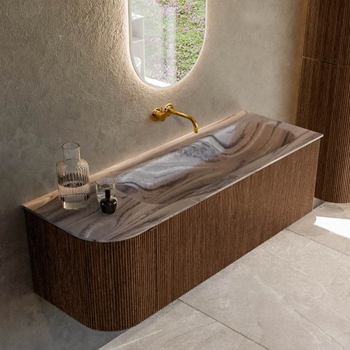 KURVE-DLUX 135cm mueble de baño curva Izquierda color Walnut con 1 cajón y 1 puerta. Lavabo BIG MEDIUM Derecho sin orificio Sombra.