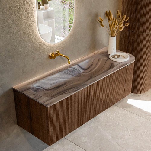 KURVE-DLUX 135cm mueble de baño curva Derecha color Walnut con 1 cajón y 1 puerta. Lavabo BIG MEDIUM Izquierda sin orificio Sombra.