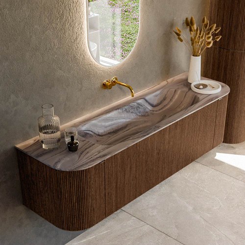 KURVE-DLUX 160cm mueble de baño curva Izquierda + Derecha color Walnut con 1 cajón y 2 puertas. Lavabo BIG MEDIUM Centro sin orificio Sombra.