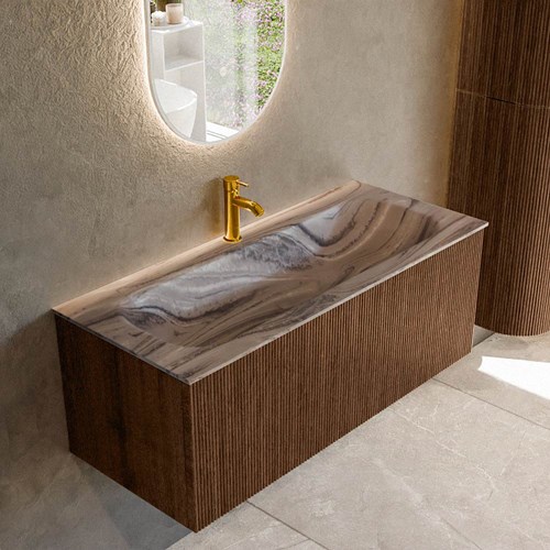 KURVE-DLUX 110cm mueble de baño color Walnut con 1 cajón y sin puerta. Lavabo BIG MEDIUM Centro 1 orificio Sombra.