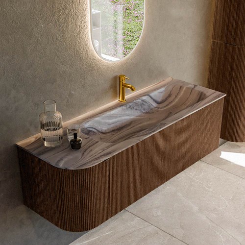 KURVE-DLUX 135cm mueble de baño curva Izquierda color Walnut con 1 cajón y 1 puerta. Lavabo BIG MEDIUM Derecho 1 orificio Sombra.
