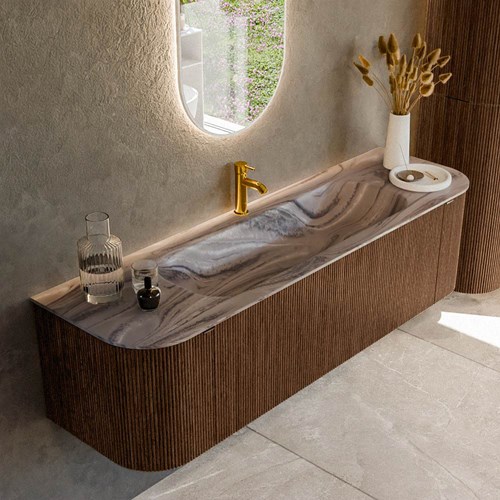 KURVE-DLUX 160cm mueble de baño curva Izquierda + Derecha color Walnut con 1 cajón y 2 puertas. Lavabo BIG MEDIUM Centro 1 orificio Sombra.