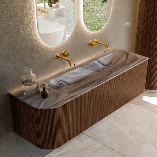 KURVE-DLUX 145cm mueble de baño curva Izquierda color Walnut con 1 cajón y 1 puerta. Lavabo BIG LARGE Derecho sin orificio Sombra.