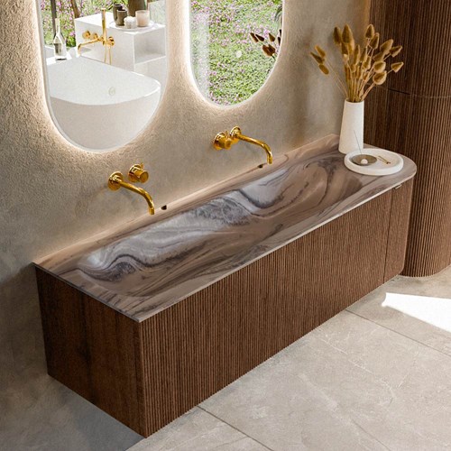 KURVE-DLUX 145cm mueble de baño curva Derecha color Walnut con 1 cajón y 1 puerta. Lavabo BIG LARGE Izquierda sin orificio Sombra.