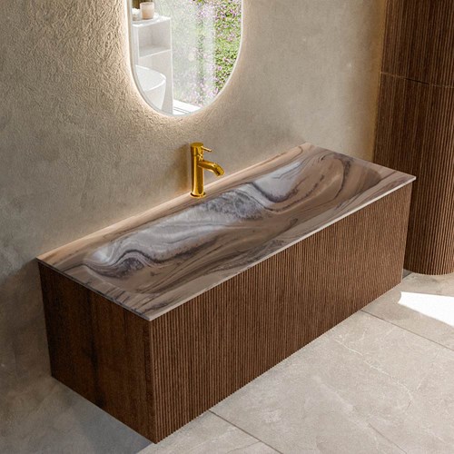 KURVE-DLUX 120cm mueble de baño color Walnut con 1 cajón y sin puerta. Lavabo BIG LARGE Centro 1 orificio Sombra.