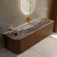 KURVE-DLUX 145cm mueble de baño curva Izquierda color Walnut con 1 cajón y 1 puerta. Lavabo BIG LARGE Derecho 1 orificio Sombra.