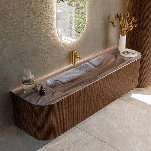 KURVE-DLUX 170cm mueble de baño curva Izquierda + Derecha color Walnut con 1 cajón y 2 puertas. Lavabo BIG LARGE Centro 1 orificio Sombra.