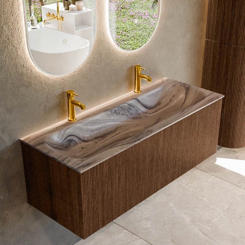 KURVE-DLUX 120cm mueble de baño color Walnut con 1 cajón y sin puerta. Lavabo BIG LARGE Centro 2 orificios Sombra.