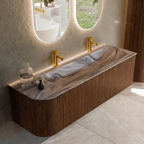 KURVE-DLUX 145cm mueble de baño curva Izquierda color Walnut con 1 cajón y 1 puerta. Lavabo BIG LARGE Derecho 2 orificios Sombra.