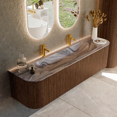 KURVE-DLUX 170cm mueble de baño curva Izquierda + Derecha color Walnut con 1 cajón y 2 puertas. Lavabo BIG LARGE Centro 2 orificios Sombra.