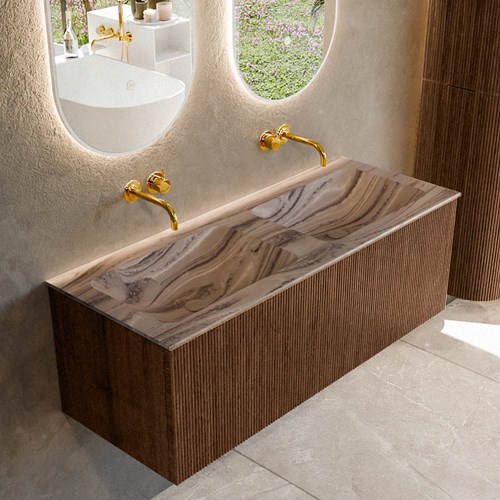 KURVE-DLUX 120cm mueble de baño color Walnut con 1 cajón y sin puerta. Lavabo LEAF Doble sin orificio Sombra.