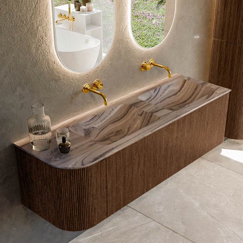 KURVE-DLUX 145cm mueble de baño curva Izquierda color Walnut con 1 cajón y 1 puerta. Lavabo LEAF Doble / Derecho sin orificio Sombra.