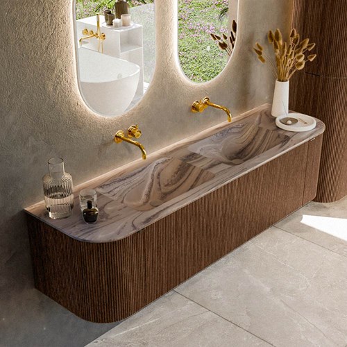 KURVE-DLUX 170cm mueble de baño curva Izquierda + Derecha color Walnut con 1 cajón y 2 puertas. Lavabo LEAF Doble sin orificio Sombra.