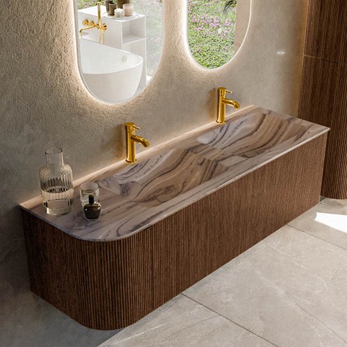 KURVE-DLUX 145cm mueble de baño curva Izquierda color Walnut con 1 cajón y 1 puerta. Lavabo LEAF Doble / Derecho 2 orificios Sombra.