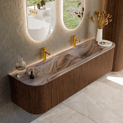KURVE-DLUX 170cm mueble de baño curva Izquierda + Derecha color Walnut con 1 cajón y 2 puertas. Lavabo LEAF Doble 2 orificios Sombra.