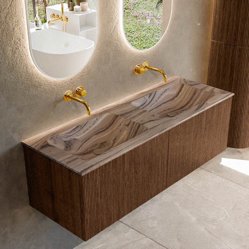 KURVE-DLUX 130cm mueble de baño color Walnut con 2 cajones y sin puerta. Lavabo LEAF Doble sin orificio Sombra.