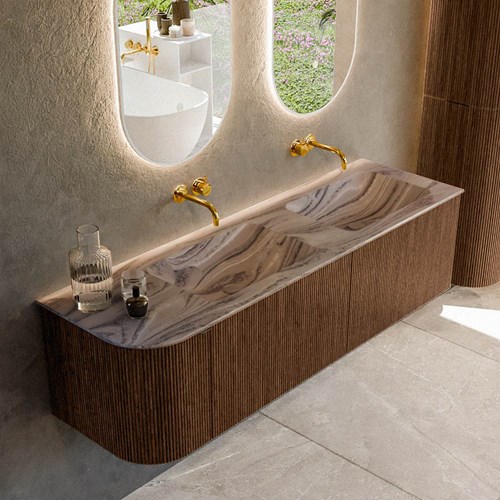 KURVE-DLUX 155cm mueble de baño curva Izquierda color Walnut con 2 cajones y 1 puerta. Lavabo LEAF Doble / Derecho sin orificio Sombra.