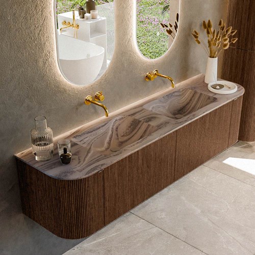 KURVE-DLUX 180cm mueble de baño curva Izquierda + Derecha color Walnut con 2 cajones y 2 puertas. Lavabo LEAF Doble sin orificio Sombra.