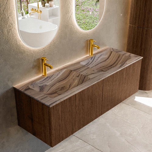 KURVE-DLUX 130cm mueble de baño color Walnut con 2 cajones y sin puerta. Lavabo LEAF Doble 2 orificios Sombra.