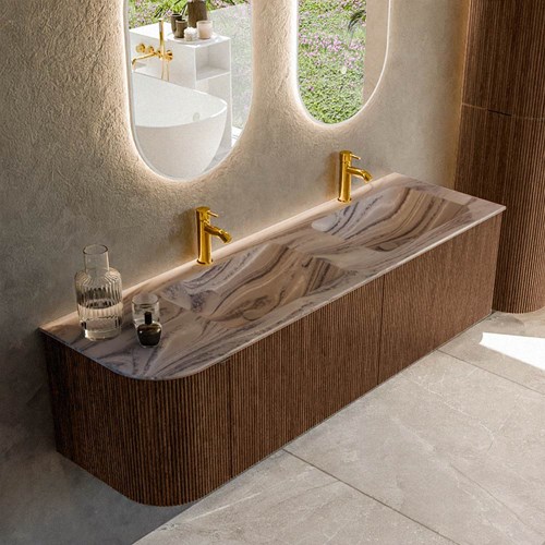 KURVE-DLUX 155cm mueble de baño curva Izquierda color Walnut con 2 cajones y 1 puerta. Lavabo LEAF Doble / Derecho 2 orificios Sombra.