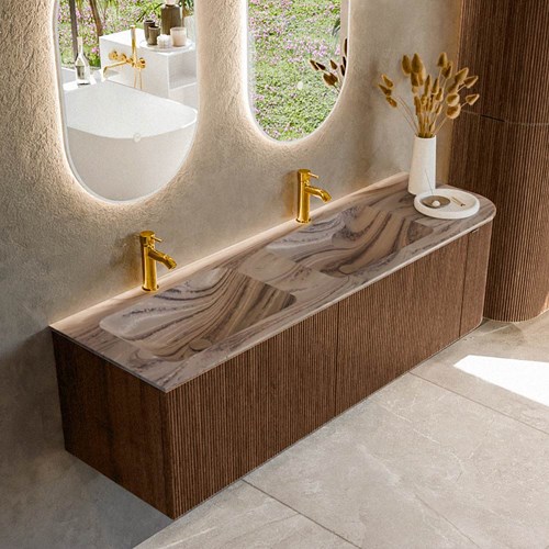 KURVE-DLUX 155cm mueble de baño curva Derecha color Walnut con 2 cajones y 1 puerta. Lavabo LEAF Doble / Izquierda 2 orificios Sombra.