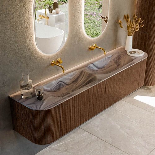 KURVE-DLUX 190cm mueble de baño curva Izquierda + Derecha color Walnut con 2 cajones y 2 puertas. Lavabo STOR SMALL Doble sin orificio Sombra.