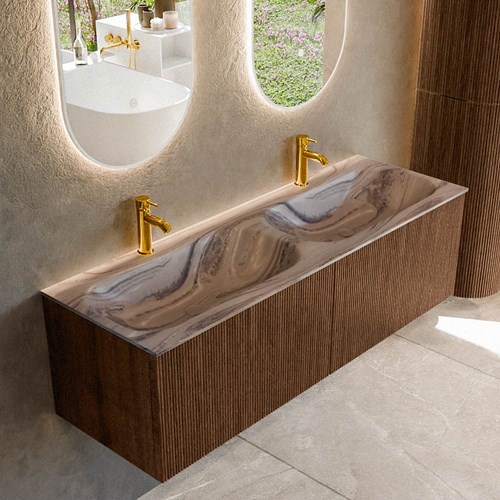 KURVE-DLUX 140cm mueble de baño color Walnut con 2 cajones y sin puerta. Lavabo STOR SMALL Doble 2 orificios Sombra.