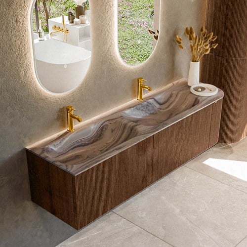 KURVE-DLUX 165cm mueble de baño curva Derecha color Walnut con 2 cajones y 1 puerta. Lavabo STOR SMALL Doble / Izquierda 2 orificios Sombra.
