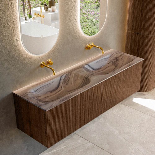 KURVE-DLUX 150cm mueble de baño color Walnut con 2 cajones y sin puerta. Lavabo STOR SMALL Doble sin orificio Sombra.