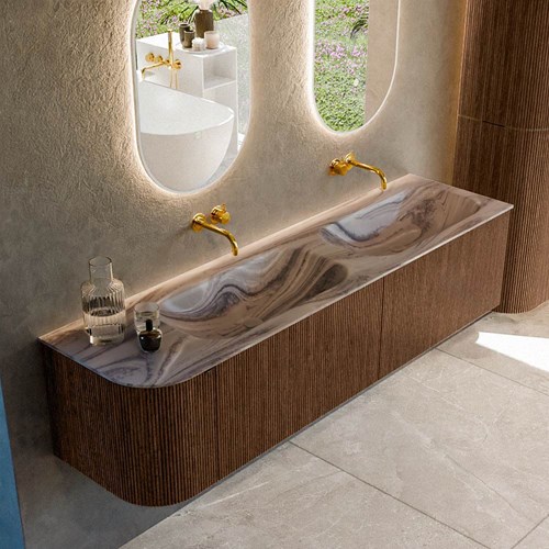 KURVE-DLUX 175cm mueble de baño curva Izquierda color Walnut con 2 cajones y 1 puerta. Lavabo STOR SMALL Doble / Derecho sin orificio Sombra.