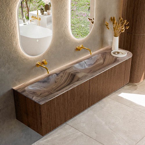 KURVE-DLUX 175cm mueble de baño curva Derecha color Walnut con 2 cajones y 1 puerta. Lavabo STOR SMALL Doble / Izquierda sin orificio Sombra.