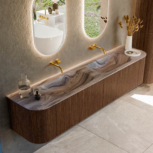 KURVE-DLUX 200cm mueble de baño curva Izquierda + Derecha color Walnut con 2 cajones y 2 puertas. Lavabo STOR SMALL Doble sin orificio Sombra.